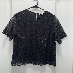 Blue Tassel Short-Sleeve Sequin Black Lace Top